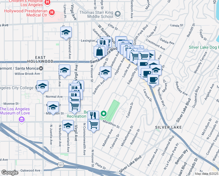 map of restaurants, bars, coffee shops, grocery stores, and more near 906 Hyperion Avenue in Los Angeles