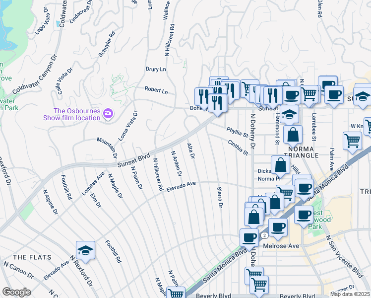 map of restaurants, bars, coffee shops, grocery stores, and more near 717 Alta Drive in Beverly Hills