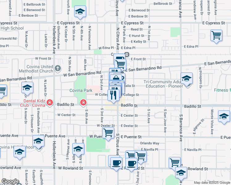 map of restaurants, bars, coffee shops, grocery stores, and more near 211 North Citrus Avenue in Covina