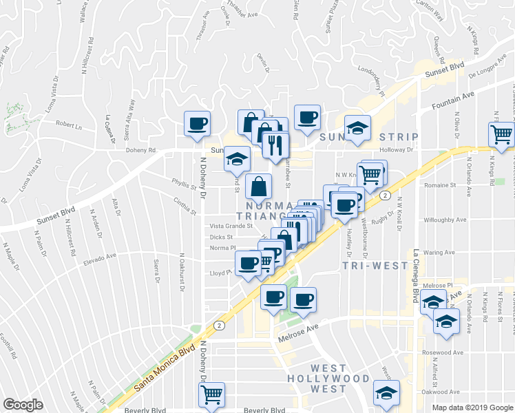 map of restaurants, bars, coffee shops, grocery stores, and more near 914 Hilldale Avenue in West Hollywood