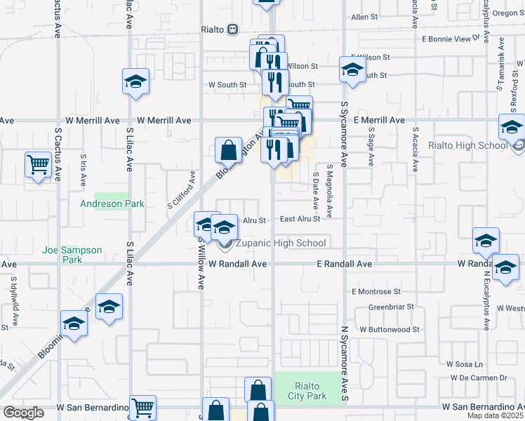 map of restaurants, bars, coffee shops, grocery stores, and more near 731 South Orange Avenue in Rialto