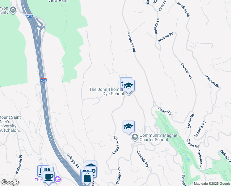 map of restaurants, bars, coffee shops, grocery stores, and more near 1001 Linda Flora Drive in Los Angeles