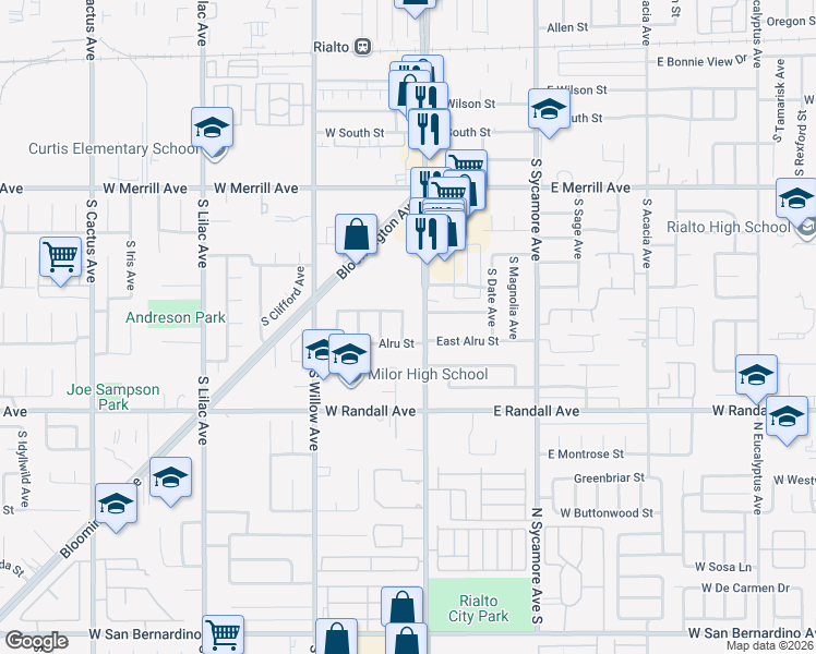 map of restaurants, bars, coffee shops, grocery stores, and more near 731 South Orange Avenue in Rialto