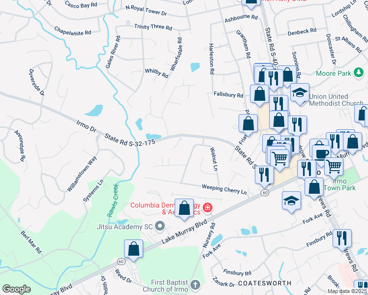 map of restaurants, bars, coffee shops, grocery stores, and more near 110 Leslie Loch Lane in Columbia