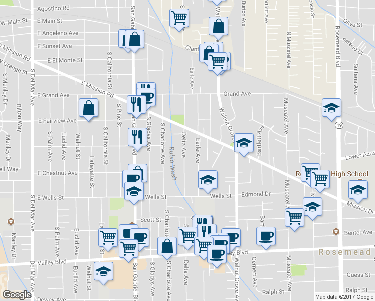 map of restaurants, bars, coffee shops, grocery stores, and more near 4550 Delta Avenue in Rosemead