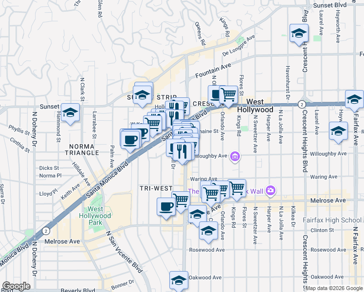 map of restaurants, bars, coffee shops, grocery stores, and more near 894 North West Knoll Drive in West Hollywood