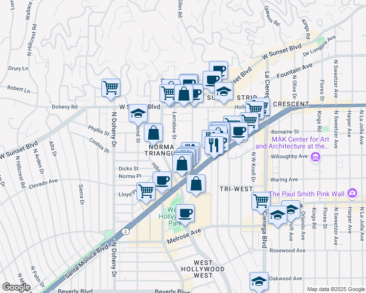 map of restaurants, bars, coffee shops, grocery stores, and more near 8824 Betty Way in West Hollywood