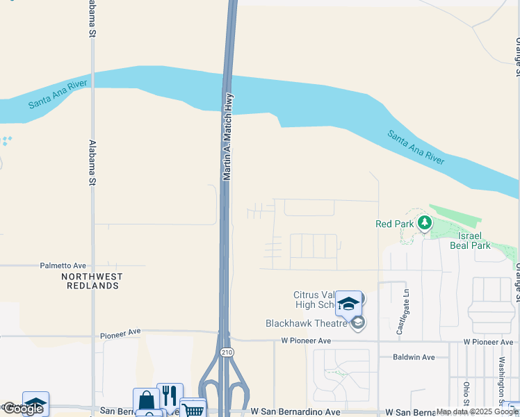 map of restaurants, bars, coffee shops, grocery stores, and more near Martin A. Matich Highway in Redlands