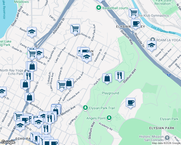 map of restaurants, bars, coffee shops, grocery stores, and more near 1537 Ewing Street in Los Angeles
