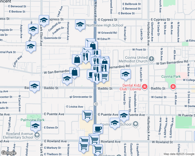 map of restaurants, bars, coffee shops, grocery stores, and more near 220 North Azusa Avenue in Covina