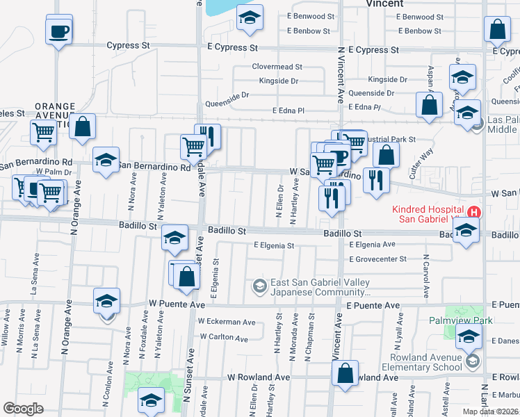map of restaurants, bars, coffee shops, grocery stores, and more near 4033 North Woodgrove Avenue in Covina