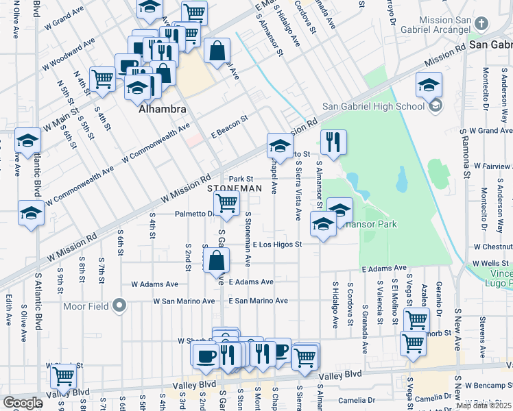 map of restaurants, bars, coffee shops, grocery stores, and more near 738 South Stoneman Avenue in Alhambra