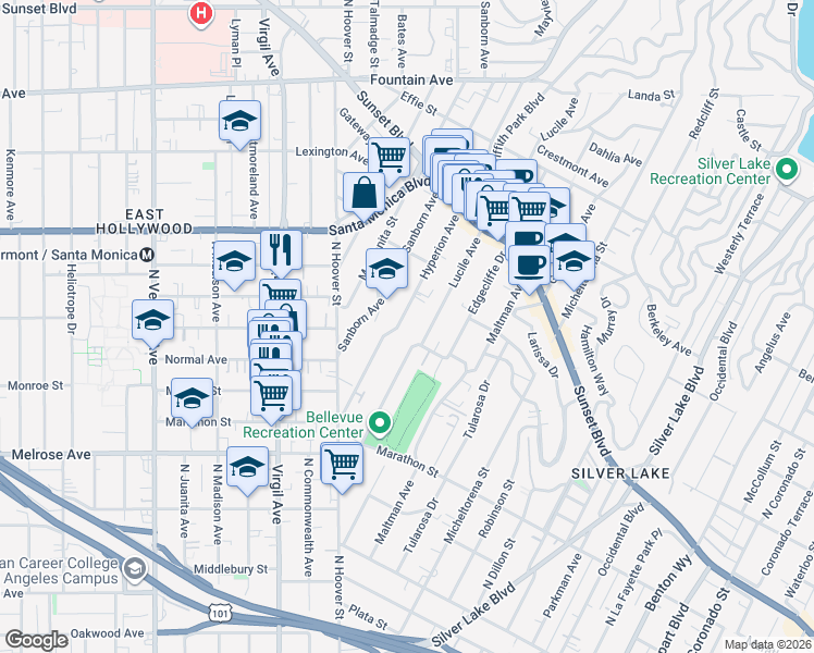 map of restaurants, bars, coffee shops, grocery stores, and more near 906 Hyperion Avenue in Los Angeles