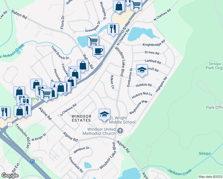 map of restaurants, bars, coffee shops, grocery stores, and more near 3016 Kilkee Circle in Columbia