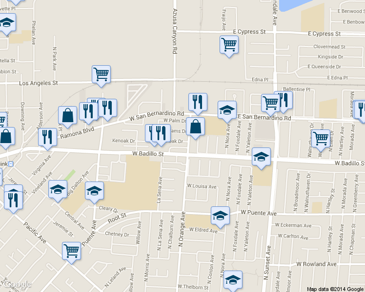 map of restaurants, bars, coffee shops, grocery stores, and more near 1811 David Court in West Covina
