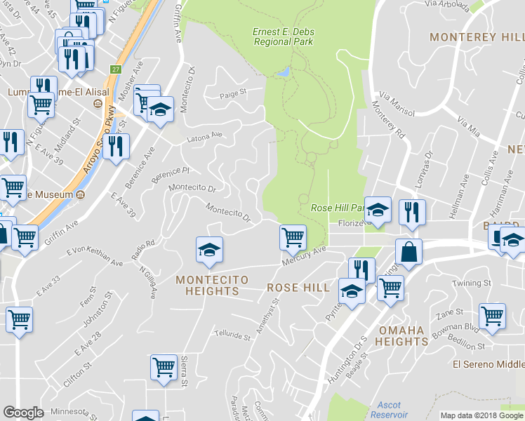 map of restaurants, bars, coffee shops, grocery stores, and more near 1284 Montecito Drive in Los Angeles