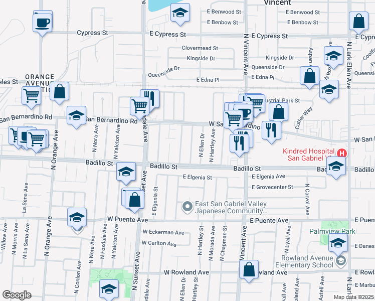 map of restaurants, bars, coffee shops, grocery stores, and more near 4033 North Woodgrove Avenue in Covina