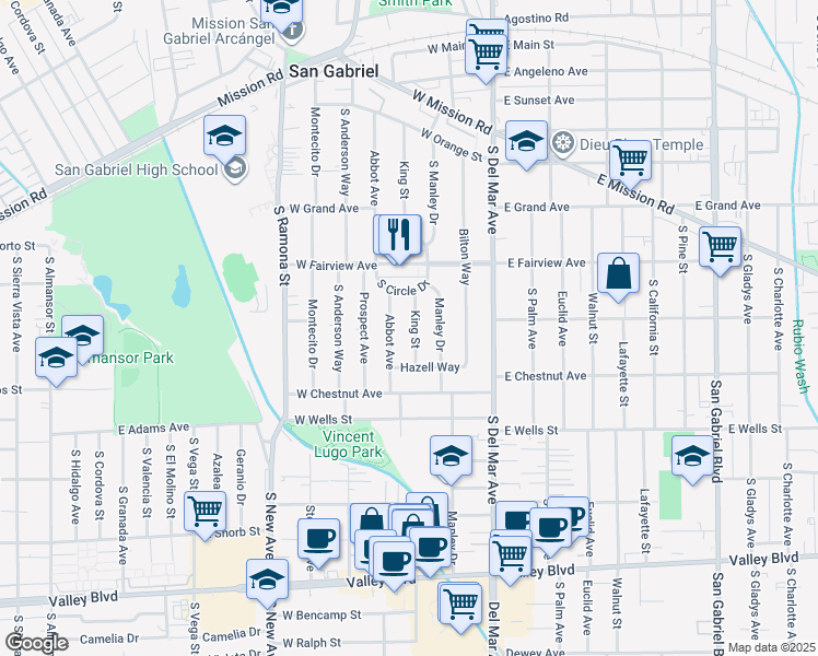 map of restaurants, bars, coffee shops, grocery stores, and more near 1103 King Street in San Gabriel