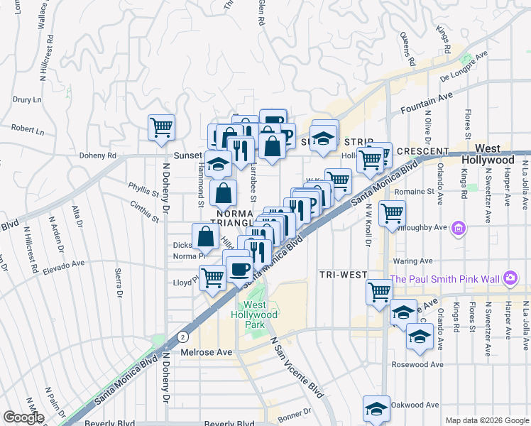 map of restaurants, bars, coffee shops, grocery stores, and more near 8824 Betty Way in West Hollywood