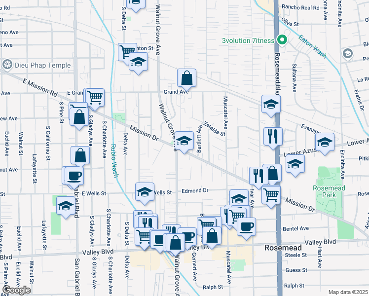 map of restaurants, bars, coffee shops, grocery stores, and more near 8607 Mission Drive in Rosemead