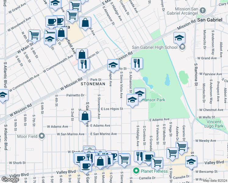 map of restaurants, bars, coffee shops, grocery stores, and more near 738 South Chapel Avenue in Alhambra