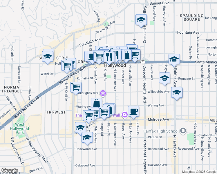 map of restaurants, bars, coffee shops, grocery stores, and more near 912 North Kings Road in West Hollywood