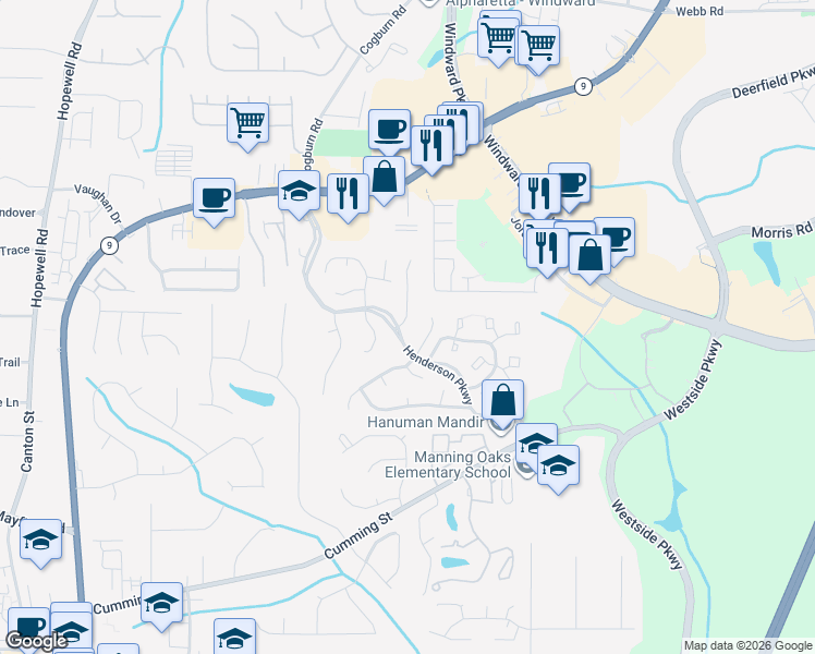 map of restaurants, bars, coffee shops, grocery stores, and more near 1305 Millstone Drive in Alpharetta