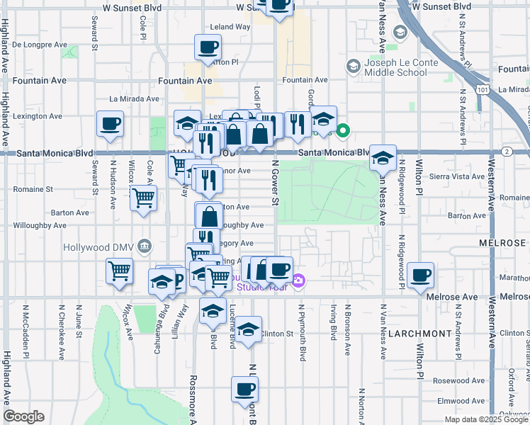 map of restaurants, bars, coffee shops, grocery stores, and more near 5918 Barton Avenue in Los Angeles