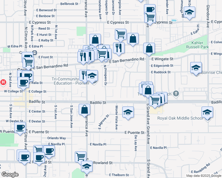 map of restaurants, bars, coffee shops, grocery stores, and more near 217 North Vecino Drive in Covina