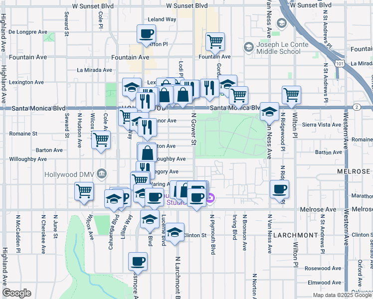map of restaurants, bars, coffee shops, grocery stores, and more near 5918 Barton Avenue in Los Angeles