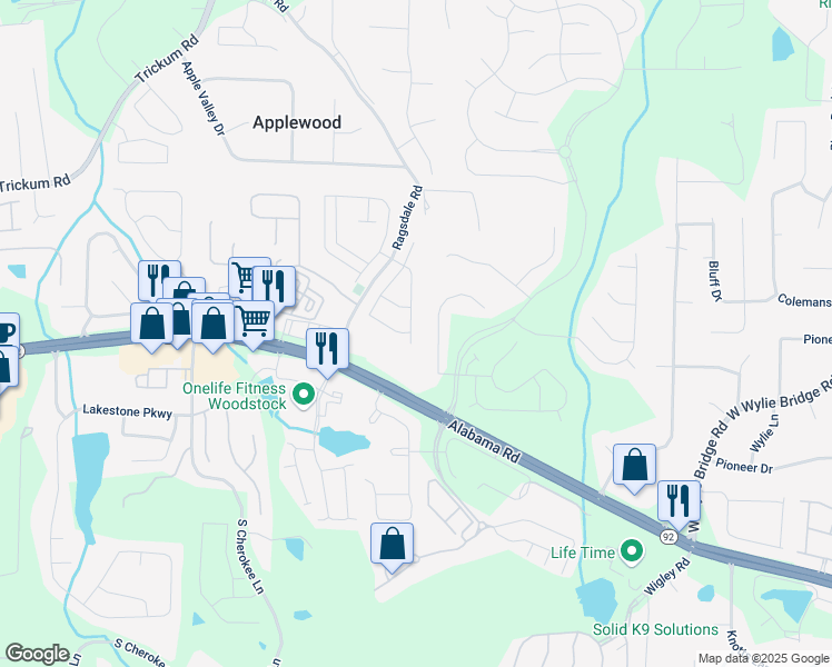 map of restaurants, bars, coffee shops, grocery stores, and more near 235 Cornerstone Drive in Woodstock