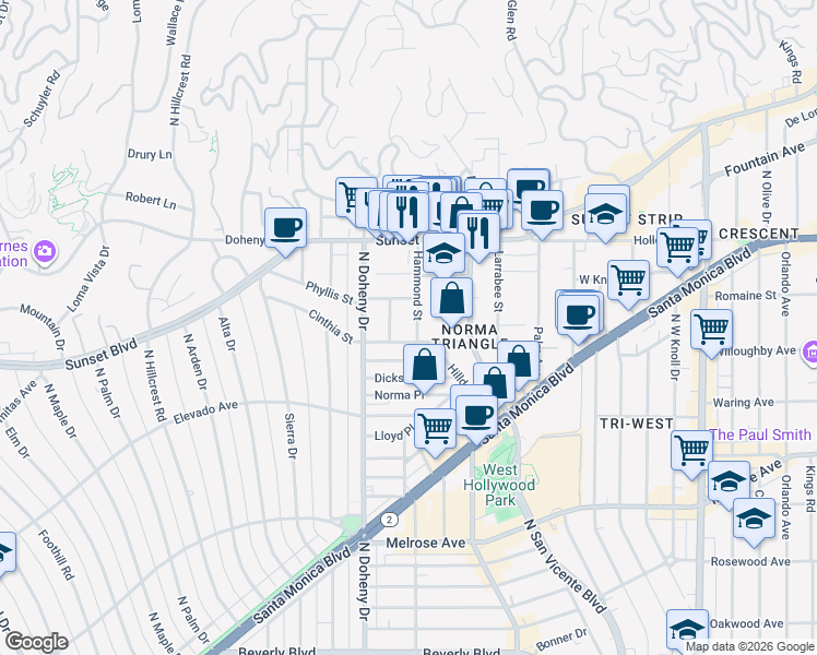 map of restaurants, bars, coffee shops, grocery stores, and more near 9005 Cynthia Street in West Hollywood