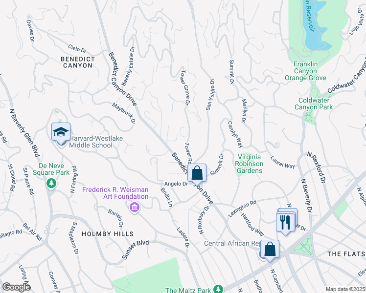 map of restaurants, bars, coffee shops, grocery stores, and more near 1121 Tower Road in Beverly Hills