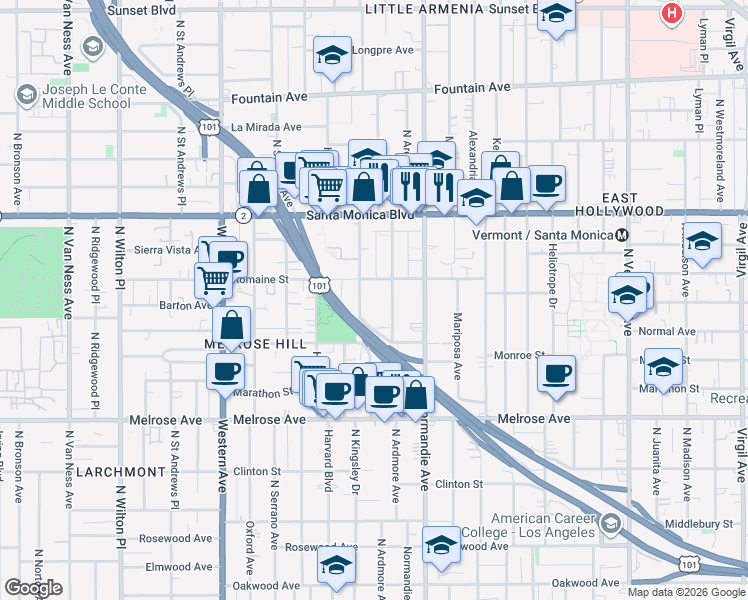 map of restaurants, bars, coffee shops, grocery stores, and more near 947 1/2 North Ardmore Avenue in Los Angeles