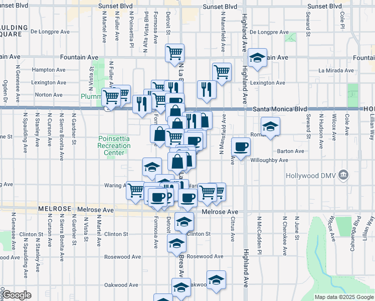 map of restaurants, bars, coffee shops, grocery stores, and more near in Los Angeles