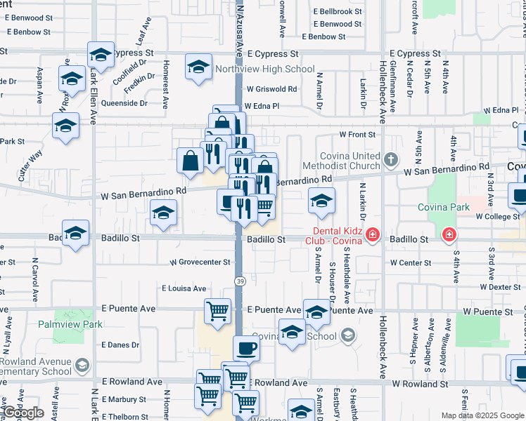 map of restaurants, bars, coffee shops, grocery stores, and more near 310 North Azusa Avenue in Covina