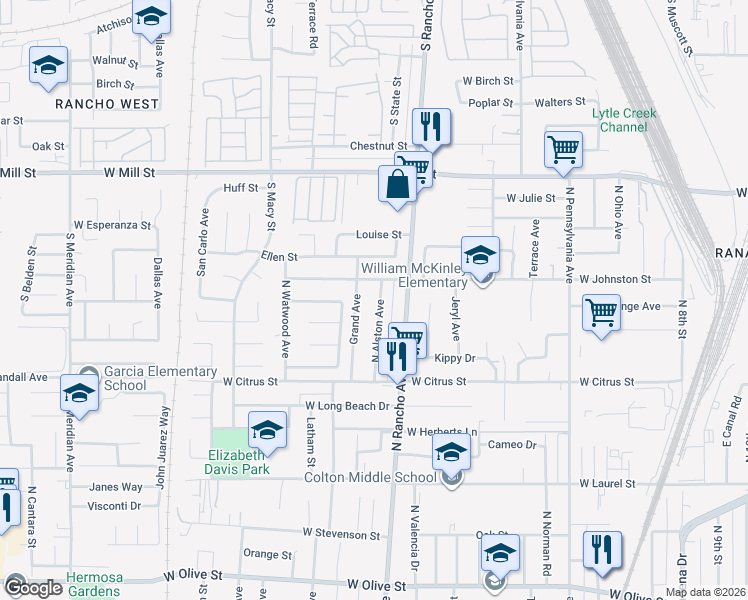 map of restaurants, bars, coffee shops, grocery stores, and more near 1765 North Alston Avenue in Colton