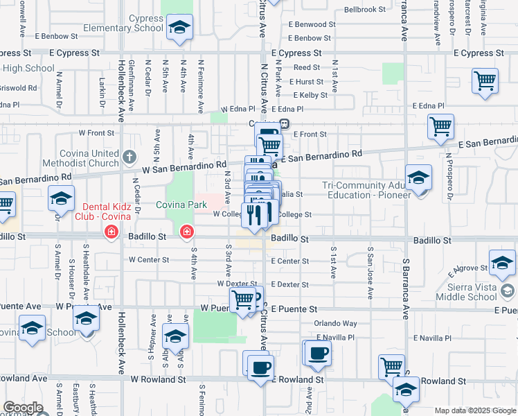 map of restaurants, bars, coffee shops, grocery stores, and more near 211 North Citrus Avenue in Covina