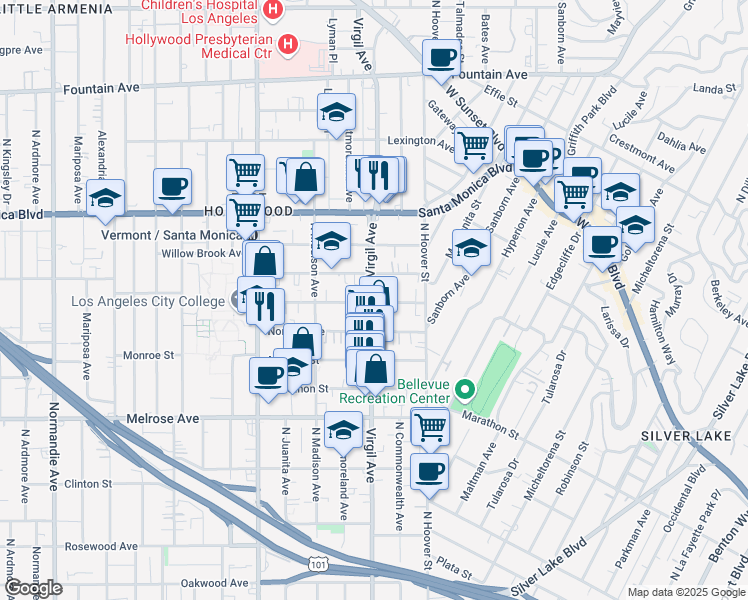 map of restaurants, bars, coffee shops, grocery stores, and more near 900 North Virgil Avenue in Los Angeles
