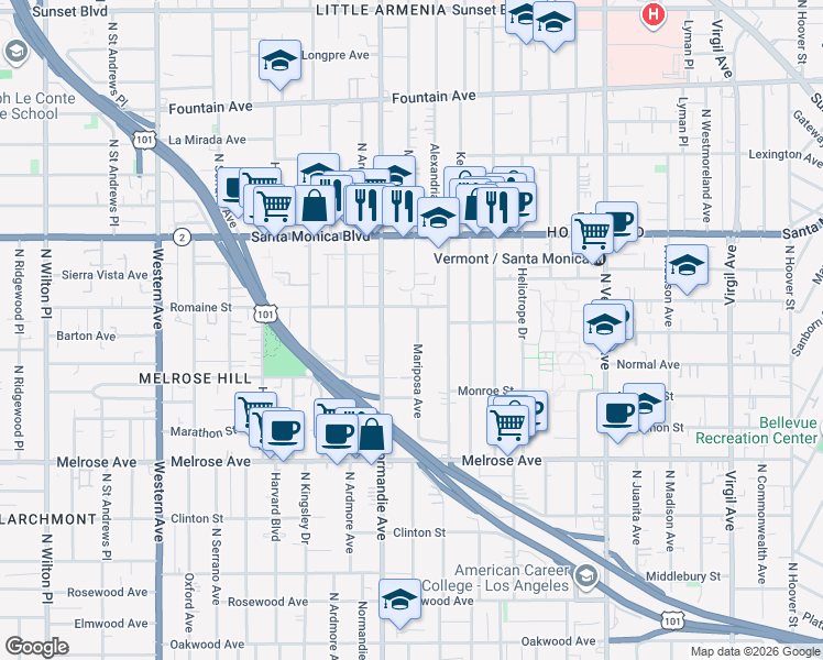 map of restaurants, bars, coffee shops, grocery stores, and more near 953 Mariposa Avenue in Los Angeles