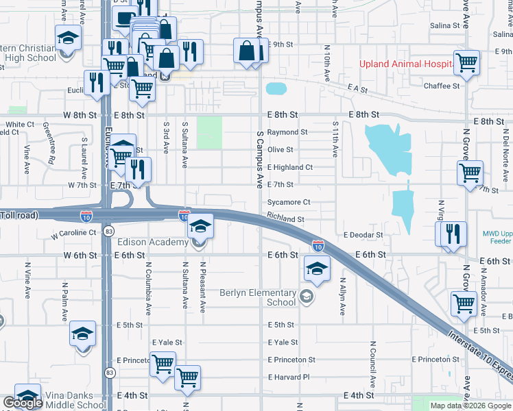 map of restaurants, bars, coffee shops, grocery stores, and more near 455 South Campus Avenue in Upland