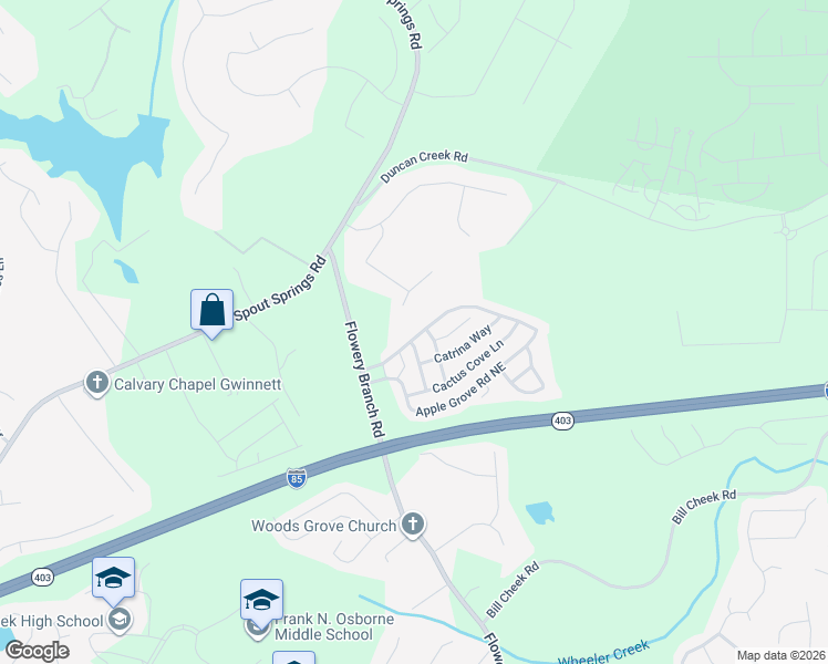map of restaurants, bars, coffee shops, grocery stores, and more near 5136 Apple Grove Road Northeast in Buford
