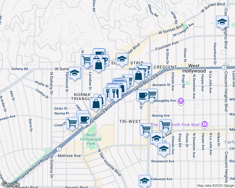 map of restaurants, bars, coffee shops, grocery stores, and more near 909 Westbourne Drive in West Hollywood