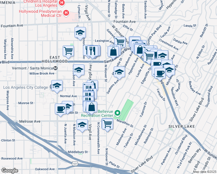 map of restaurants, bars, coffee shops, grocery stores, and more near 859 Sanborn Avenue in Los Angeles