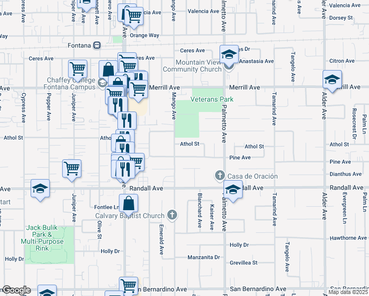 map of restaurants, bars, coffee shops, grocery stores, and more near 17143 Athol Street in Fontana