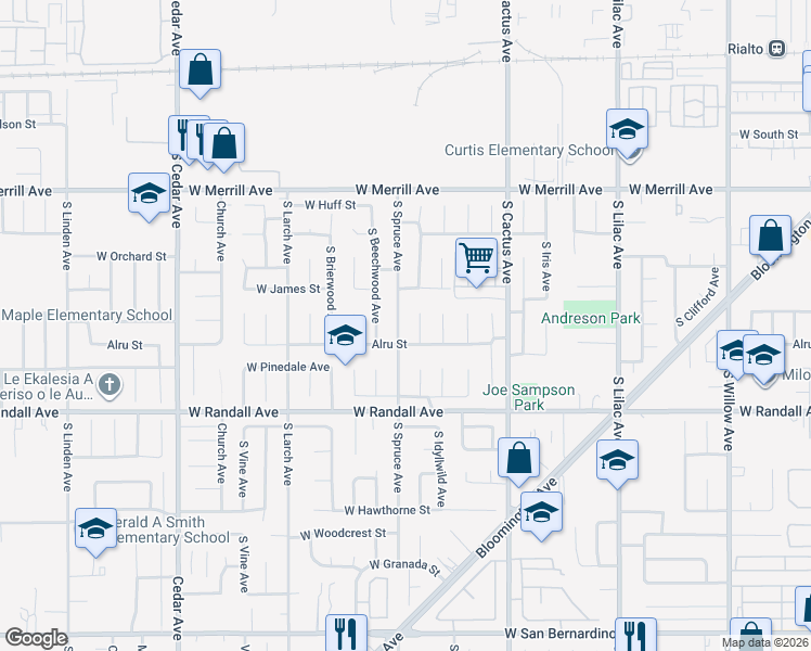 map of restaurants, bars, coffee shops, grocery stores, and more near 760 South Arrowhead Avenue in Rialto