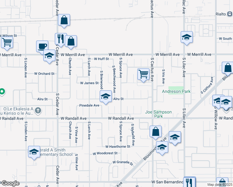 map of restaurants, bars, coffee shops, grocery stores, and more near 773 South Beechwood Avenue in Rialto