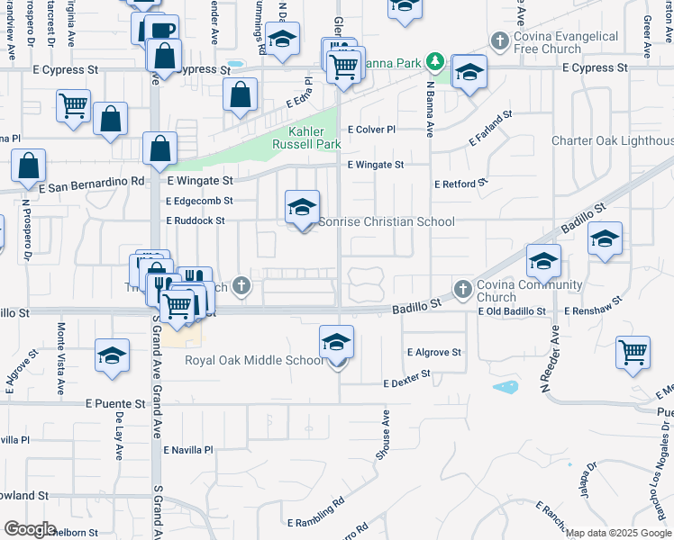 map of restaurants, bars, coffee shops, grocery stores, and more near 163 North Glendora Avenue in Covina