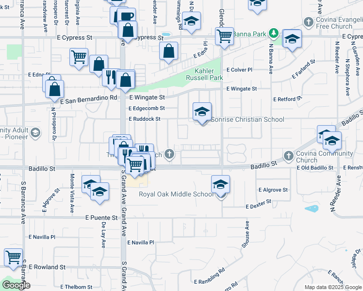 map of restaurants, bars, coffee shops, grocery stores, and more near 1147 East Wanamaker Drive in Covina