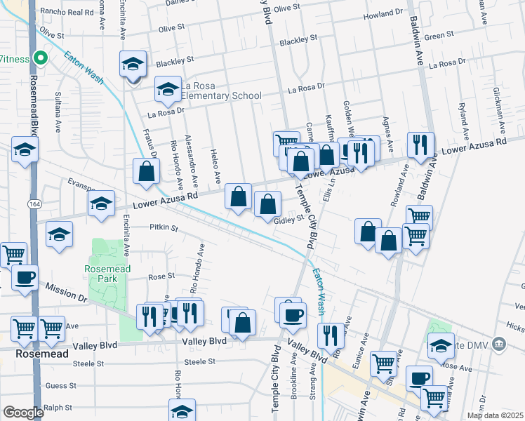 map of restaurants, bars, coffee shops, grocery stores, and more near 9531 Gidley Street in Temple City